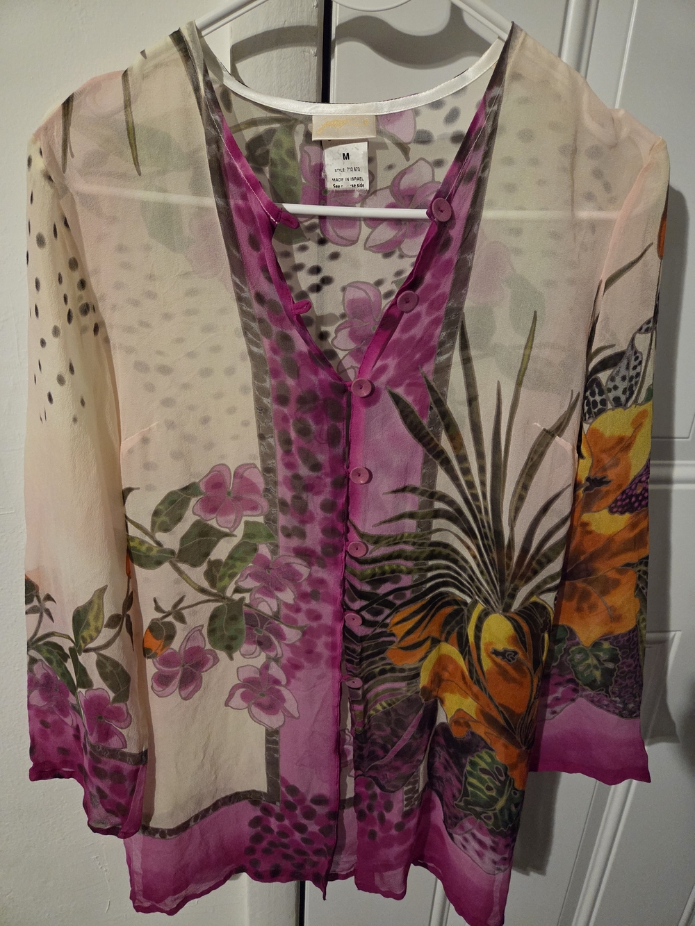100% Silk Vintage Floral Button-Front Tunic Top